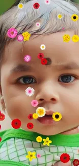 Baby with vibrant floral decorations in a cheerful portrait.