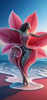 Floral ballet dancer poses gracefully on the beach at sunset.