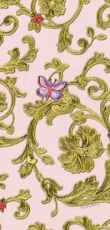 Floral wallpaper with green vines and pink butterflies on pale pink background.