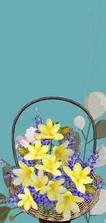 Teal background with bright floral basket art.