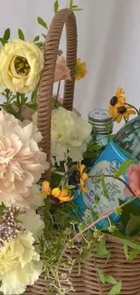 A floral basket with drinks for a refreshing, colorful wallpaper.