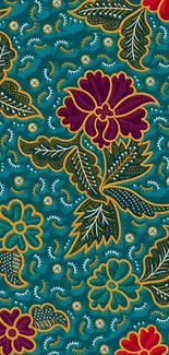 Colorful floral batik wallpaper with vibrant flowers and teal background.