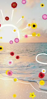 A vibrant floral beach sunrise wallpaper with colorful flowers and ocean waves.