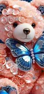 Peach floral bear with blue butterfly design.