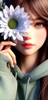 Anime girl with flower in hoodie, serene aesthetic.