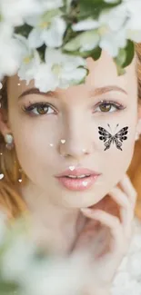 Woman in floral setting with butterfly tattoo on cheek.