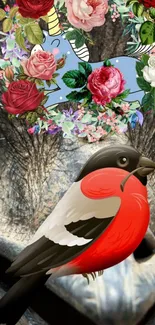 Illustrated bird with floral crown on artistic background.