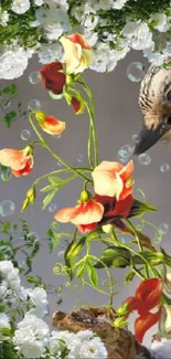 A beautiful fantasy wallpaper featuring a bird among vibrant flowers and bubbles.