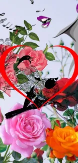 Artistic wallpaper with birds and roses inside a heart design.