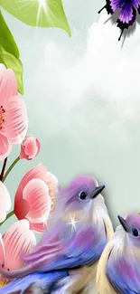 Colorful birds and flowers with butterfly in serene mobile wallpaper.