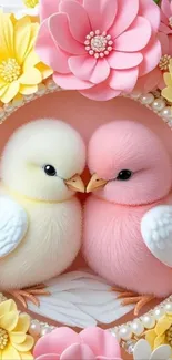 Two fluffy birds surrounded by pink and yellow flowers.