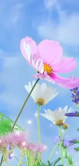 A serene floral scene with a blue sky backdrop.