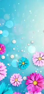 Vibrant mobile wallpaper with colorful flowers on a blue background.