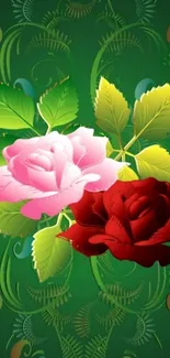 Pink and red roses on a green leafy background wallpaper.