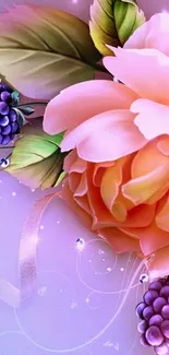 Floral wallpaper with peach and purple flowers on lavender background.