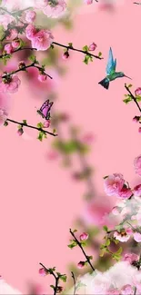 Elegant pink floral mobile wallpaper with blossoms and hummingbirds.