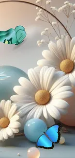 Elegant wallpaper with daisies and butterflies in soft pastel colors.