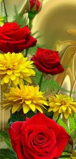 Red roses and yellow daisies with a gold background.