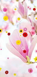 Pink magnolia flowers with colorful wildflowers in a vibrant, spring-themed mobile wallpaper.