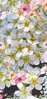 Vibrant floral wallpaper with white blossoms and colorful wildflowers.