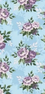 Elegant floral wallpaper with purple flowers on a light blue background.