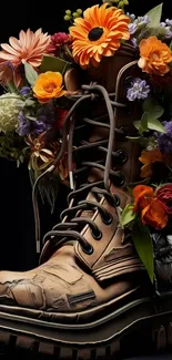 A rugged boot filled with colorful flowers on a black background.