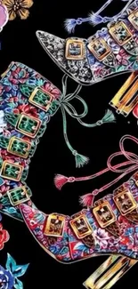 Artistic floral boots with intricate design on black background.