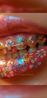 Lips with colorful floral braces art design.