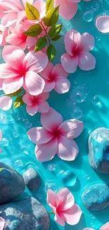 Aqua background with pink flowers and stones.