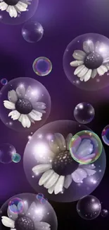 Aesthetic mobile wallpaper with flowers encased in bubbles on a purple background.