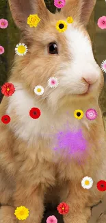 Adorable bunny with colorful flowers on its fur.