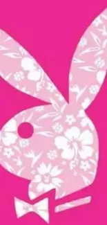 Pink wallpaper with floral patterned bunny illustration.