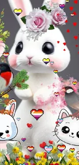 Adorable bunny with flowers and heart accents wallpaper.