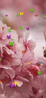 Pink flowers with colorful butterflies.