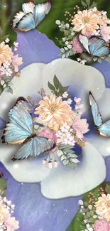 Beautiful mobile wallpaper with butterflies and flowers in soft pastel colors.