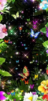 Colorful floral wallpaper with butterflies and foliage.