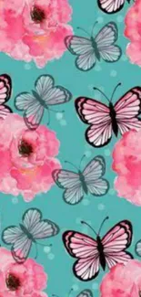 Pink roses and butterflies on teal wallpaper.