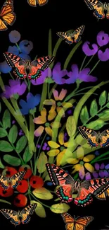 Colorful butterflies and flowers on a black background.