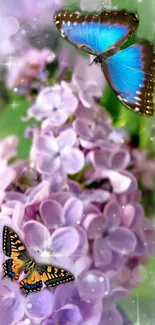 Butterflies fluttering over lilac flowers with a dreamy background.