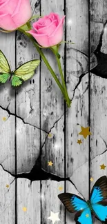 Mobile wallpaper with roses and butterflies on wooden background.