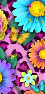 Colorful flowers and butterflies on purple wallpaper.