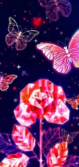 Abstract pink rose with butterflies wallpaper.