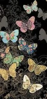 Artistic floral butterfly design on black background.