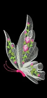 Intricate floral butterfly art on a black background mobile wallpaper.