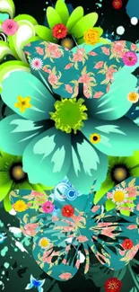 Vibrant teal and floral butterfly mobile wallpaper with colorful flowers.