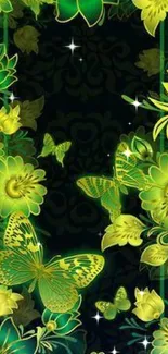 Green and yellow floral wallpaper with butterflies.