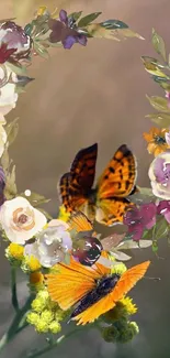 Beautiful floral wreath with butterflies and flowers in artistic style.