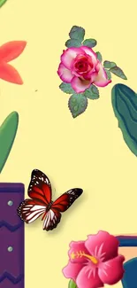 Colorful flower and butterfly mobile wallpaper with a light yellow background.