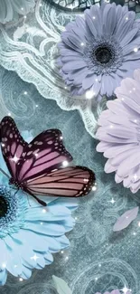 Floral wallpaper with butterflies and pastel colors for mobile devices.