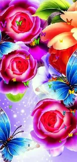 Colorful butterflies and roses mobile wallpaper in a vibrant floral design.